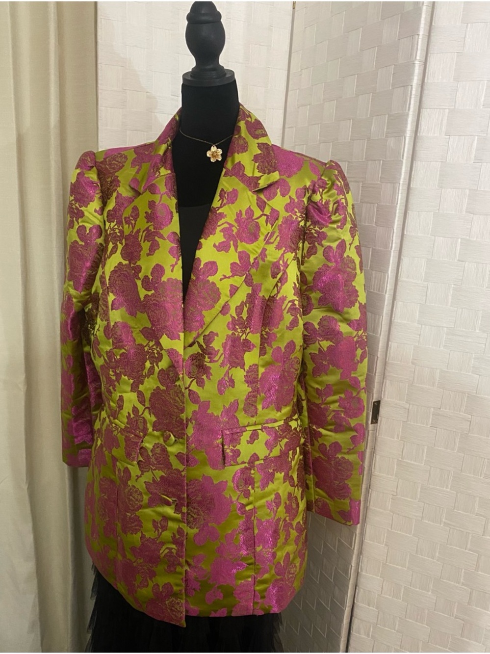 Women’s Floral Brocade Blazer in Lime Green & Fuchsia